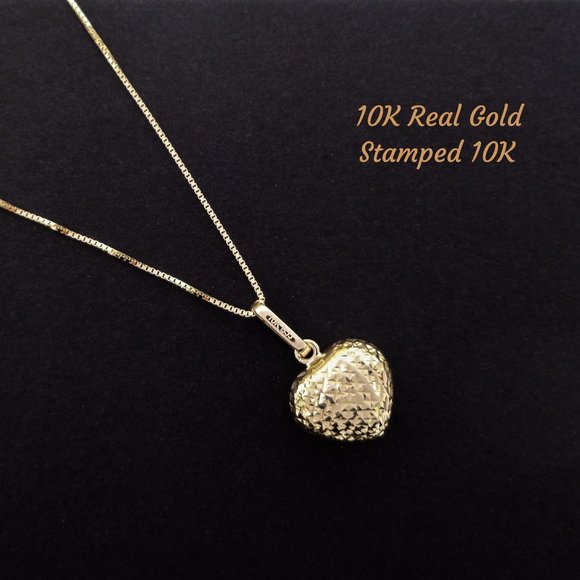10K Gold Heart Pendant Necklace Real Gold Diamond Cut Heart Charm Stamped 10K - Picture 3 of 7